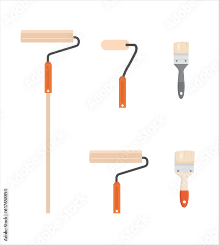 Painting, whitewashing tools. Painting, whitewashing item vector set illustration