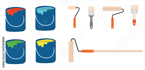 Painting, whitewashing tools. Painting, whitewashing item vector set illustration