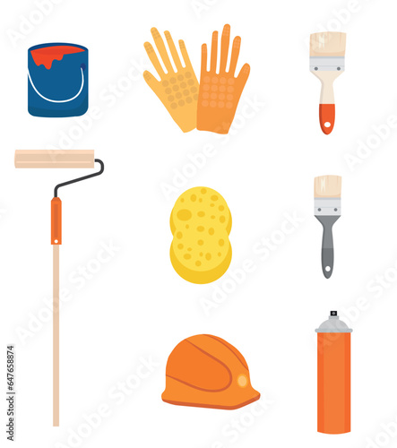 Painting, whitewashing tools. Painting, whitewashing item vector set illustration