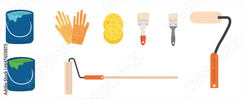 Painting, whitewashing tools. Painting, whitewashing item vector set illustration