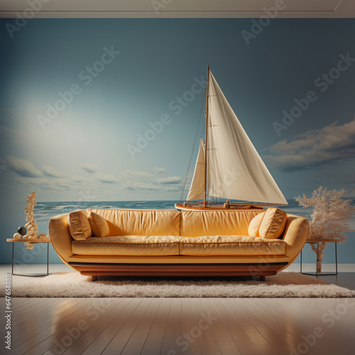 Fotografia de sofa con forma nautica con mesitas y pared decorada con fotografia de barco de vela photo
