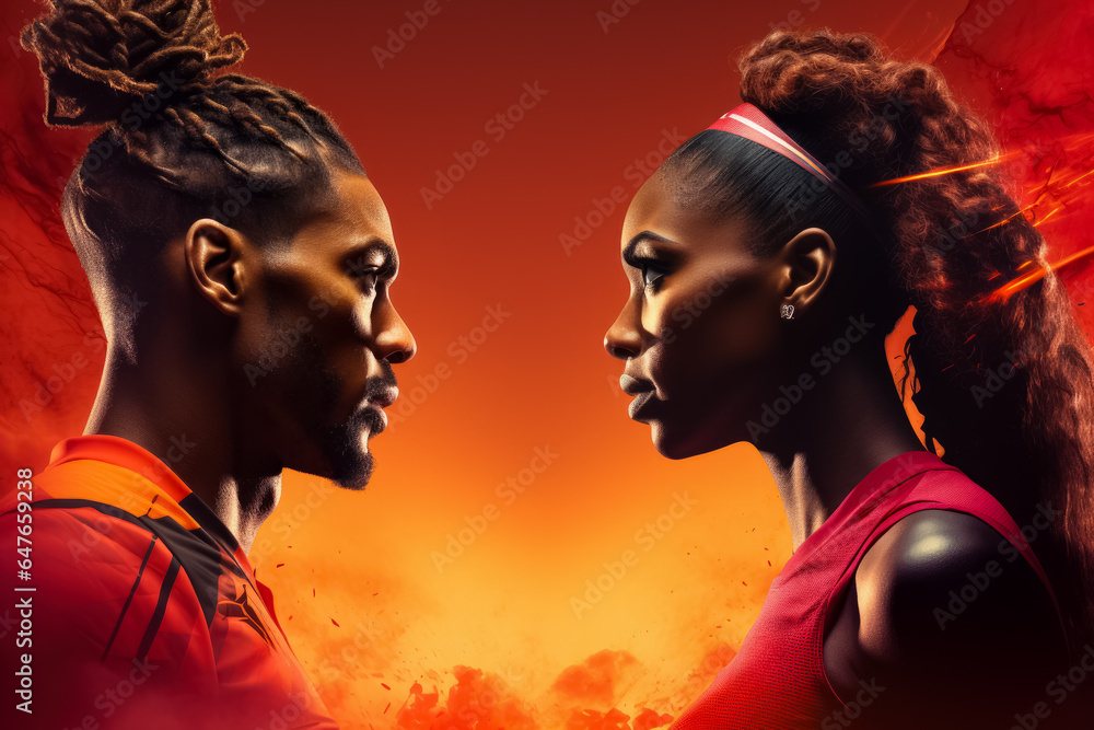 A close-up shot of two opponents fiercely confronting each other with vibrant red and fiery orange gradient background A close-up shot of two opponents fiercely confronting each other with vibrant red and fiery orange gradient background