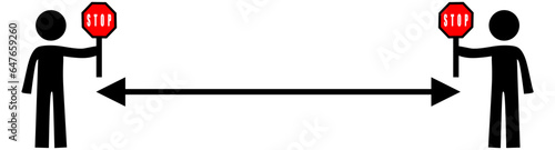 social distance icon sets. Social distancing set of icons. Simple man or woman black and white silhouettes with arrow distance between.
