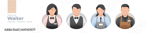 Waiter picture avatar icons set. Illustration of men and women wearing apron vest outfit