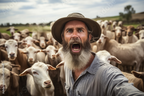 Angry farmers confront a group of stubborn goats in a barnyard with a scenic countryside background and open space for text 