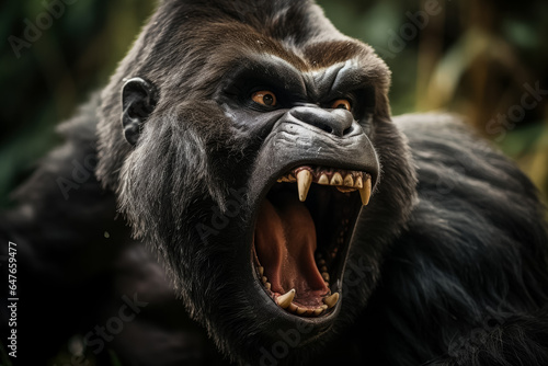 Close-up of a furious gorilla baring its teeth and glaring intensely in the wild 