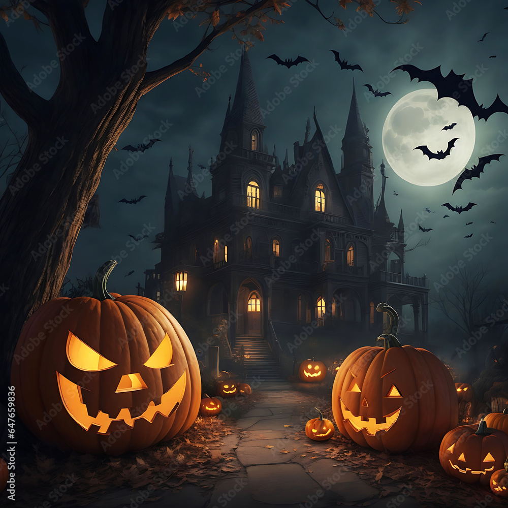 Pumpkins In Graveyard In The Spooky Night - Halloween Backdrop 