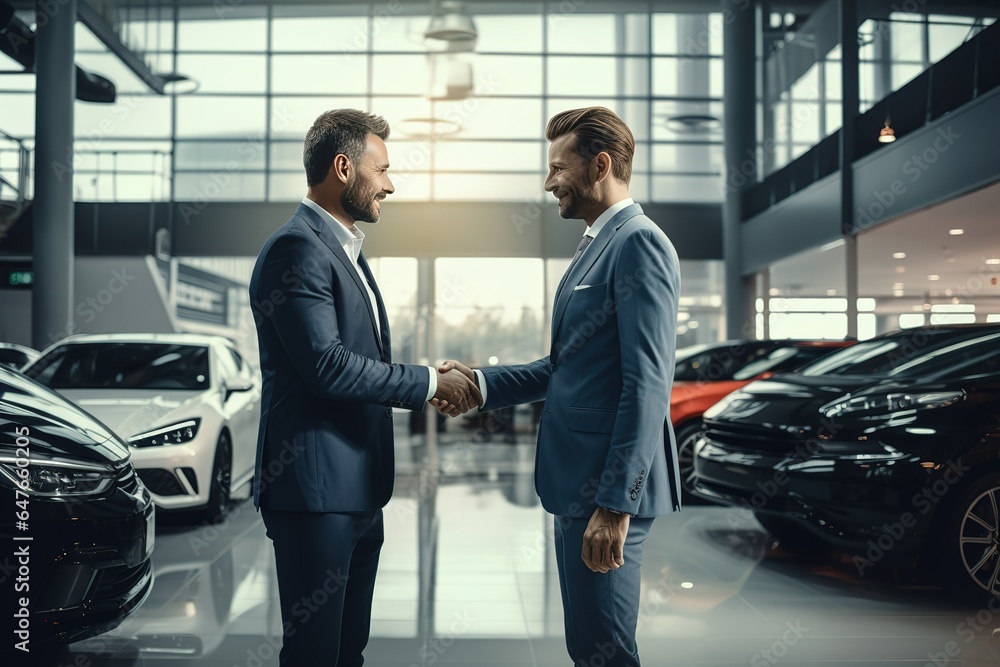 Men shake hands with each other in a car dealership against the background of cars. Men shake hands with each other in a car dealership against the background of cars.