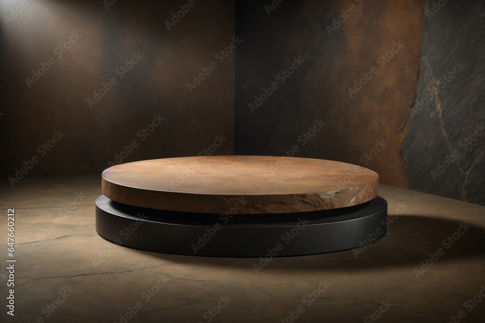 3d rendering of a stone podium on a dark background with a spotlight 3d rendering of a stone podium on a dark background with a spotlight