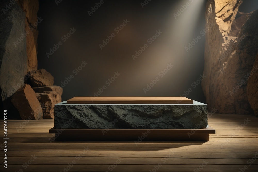 3d rendering of a stone podium on a dark background with a spotlight