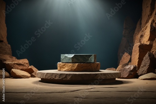 3d rendering of a stone podium on a dark background with a spotlight