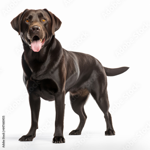 A chocolate Labrador retriever  sitting  isolated on white background