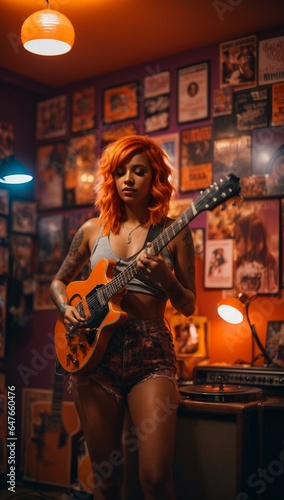 a beautiful woman is playing electric guitar in a room full of posters and a collection of vinyl records, tattooed woman generative AI