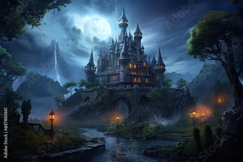 Halloween with pumpkin lantern, forest background, castle