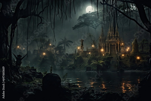 Halloween with pumpkin lantern, forest background, castle