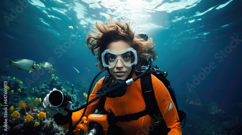 Young woman scuba diver underwater in coral reef with tropical fish.