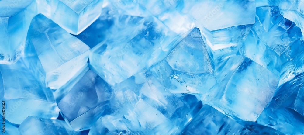 A close-up of blue ice cubes of various shades of blue and are irregularly shaped. The ice cubes are stacked on top of each other, filling the entire frame. Cool and refreshing mood. Ice background. A close-up of blue ice cubes of various shades of blue and are irregularly shaped. The ice cubes are stacked on top of each other, filling the entire frame. Cool and refreshing mood. Ice background.
