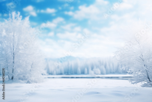 A snowy landscape with trees and a blue sky with fluffy white clouds. The ground is covered in a thick layer of snow. Peaceful and serene mood. Winter background with plenty of copy space. © Andrey