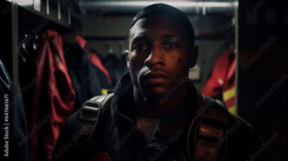 Portrait of black firefighter standing in locker room. Search and rescue safety concept
