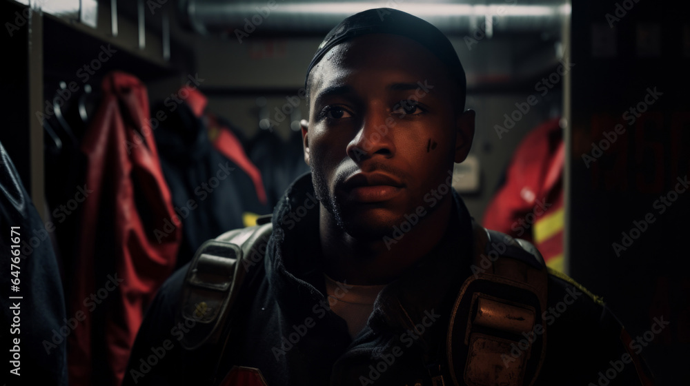 Portrait of black firefighter standing in locker room. Search and rescue safety concept Portrait of black firefighter standing in locker room. Search and rescue safety concept