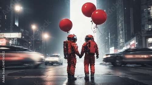 two people in red spacesuits holding hands and holding red balloons in the city