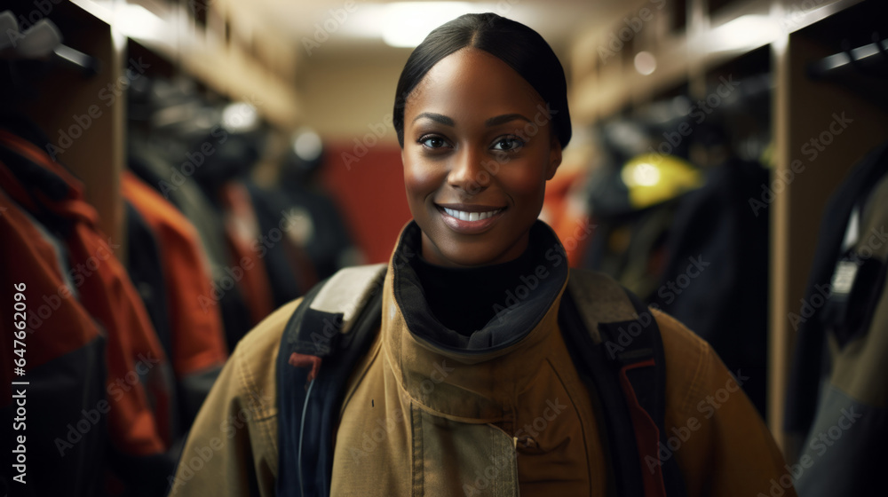 Portrait of female firefighter standing in locker room. Search and rescue safety concept - obrazy, fototapety, plakaty 