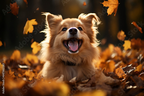 a beautiful dog running and playing with autumn leaves at a park © Lara