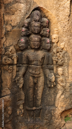 Carving Sculpture of Dashananda Ravan, Ten Headed Ravan, Neelkanth Mahadeva Temple, Kalinjar Fort, Uttar Pradesh, India.