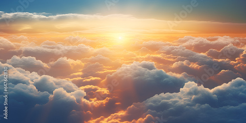 A sunset above the clouds with the sun shining down, Flying over the evening timelapse clouds with the late sun. Flight through moving cloudscape with beautiful sun rays, generative Ai