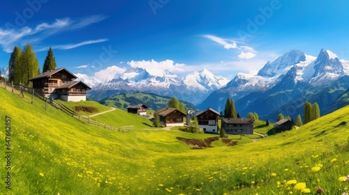 mountain landscape with blooming meadows in springtime