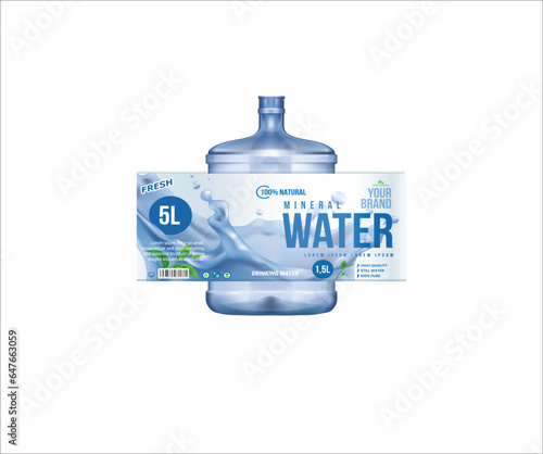 Realistic vector illustration of a beverage promotion featuring a mineral water bottle label, plastic flask with pure drink, and blank label floating on a white background.