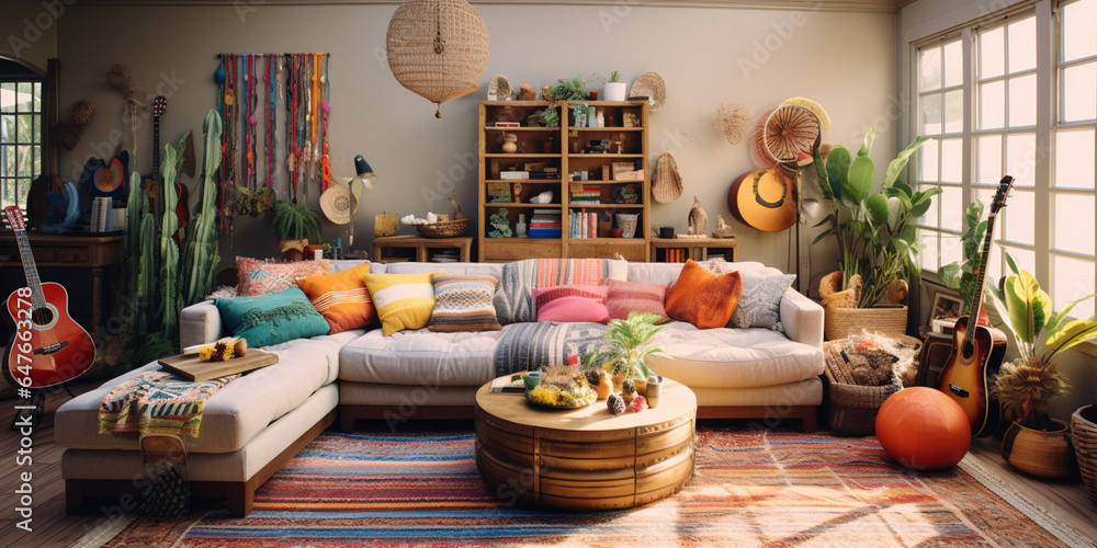 Furnished Modern Living room, bohemian inspired interior design Furnished Modern Living room, bohemian inspired interior design