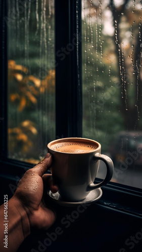 Rain, coffee, and book and window. nostalgic, calm, and relaxed feeling