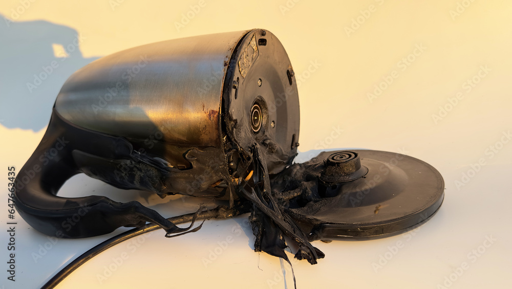 Burning Electric kettle. Electric kettle for tea caught on fire over