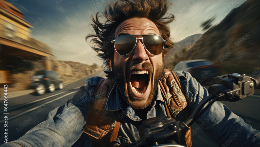 Obraz premium Portrait of a motorcyclist on a motorcycle in motion.