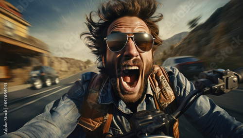 Portrait of a motorcyclist on a motorcycle in motion.