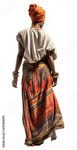 Walking African woman in traditional dress, back view, isolated on the transparent background PNG.
