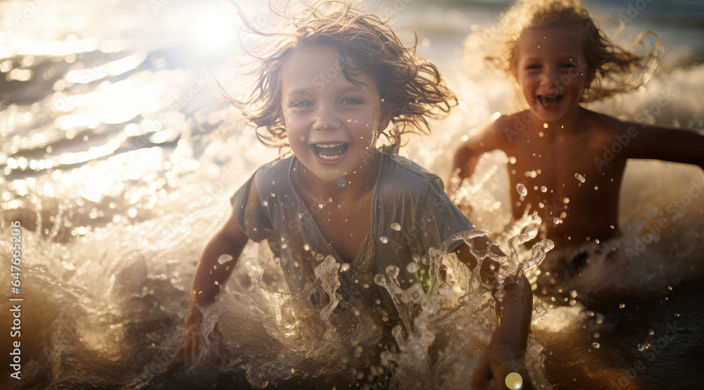 Two kids having fun on the beach at sunset. They are splashing water and laughing. Two kids having fun on the beach at sunset. They are splashing water and laughing.