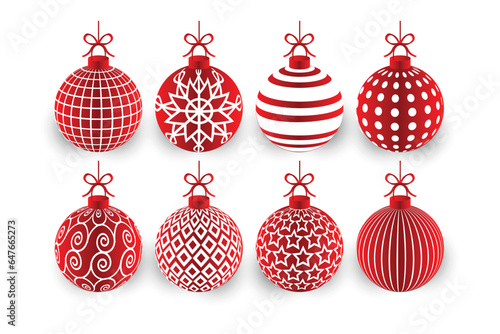 Red Christmas balls set on gift bows isolated on white background