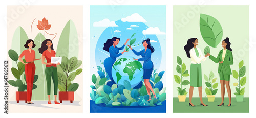 Set of three illustrations showcasing a variety of happy businesswomen embracing environmentally conscious initiatives within their companies. Illustrating the themes of sustainable business and inclu