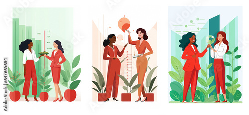 Collection of three illustrations featuring diverse, cheerful businesswomen implementing eco-friendly practices in their enterprises. Depicting the concepts of sustainable entrepreneurship and workpla