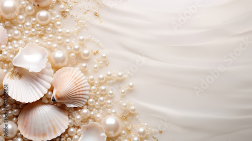 Top view pearls, exotic seashells on soft elegant white background. Marine banner with copy space