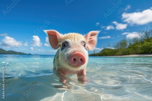 little pig on tropical beach in clear water