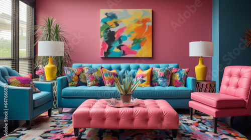 Furnished Modern Living room, bright blue and pink color palette, interior design