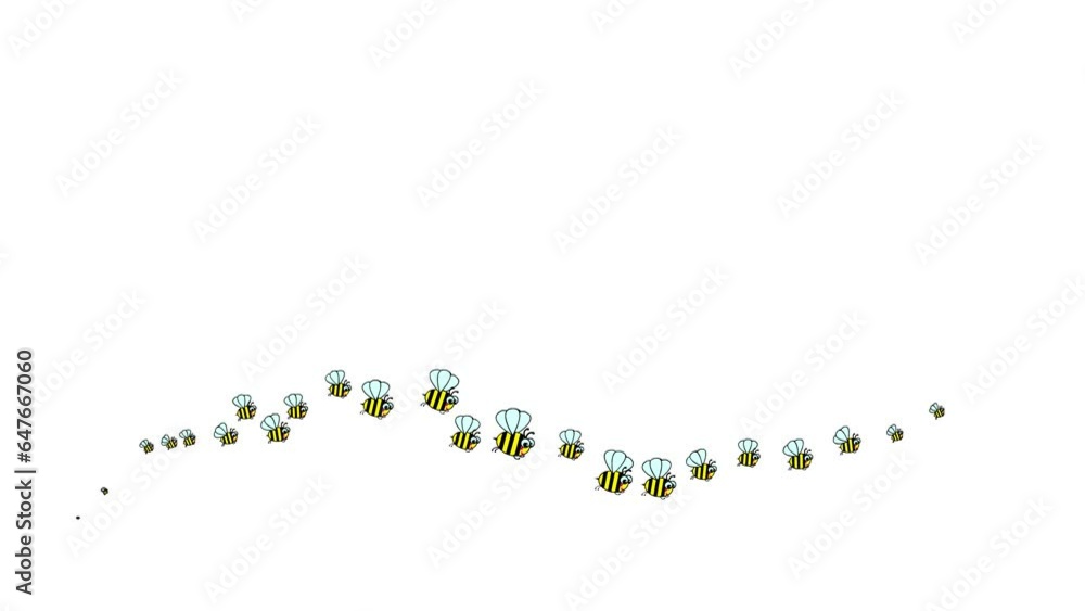 Animated funny symbol of flying bees. A wave of insects. Icons of bee fly from left to right. Looped video. Flat vector illustration isolated on a white background. Animated funny symbol of flying bees. A wave of insects. Icons of bee fly from left to right. Looped video. Flat vector illustration isolated on a white background.