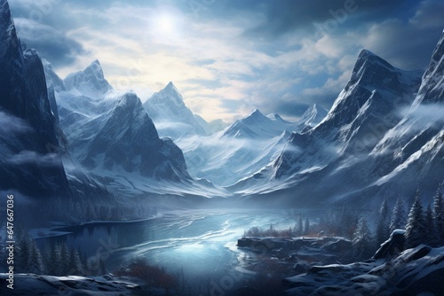 A stunning winter landscape featuring majestic mountains, a magical Celtic forest, frozen nature, a glacial formation, and a mysterious valley. It is depicted in an artistic sketch. Generative AI