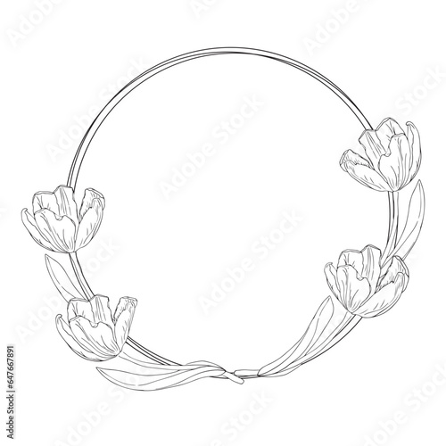 Black and white tulips wreath for card or invite, coloring pages with spring flower.Tulips wreath line artflower, vector isolated on a white background photo