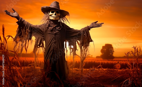 image of scarecrow in front of the sunset generative AI