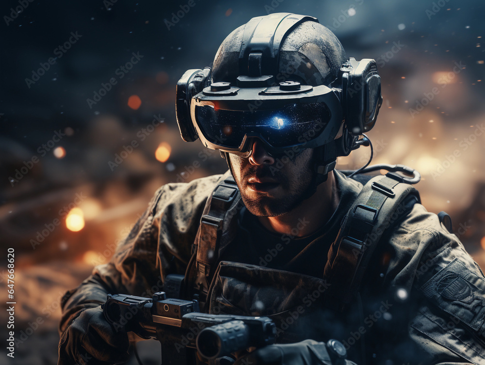 night vision device. Soldier Using Drone for Scouting During Military