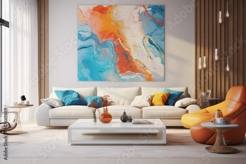 a white living room with tall windows and an abstract painting